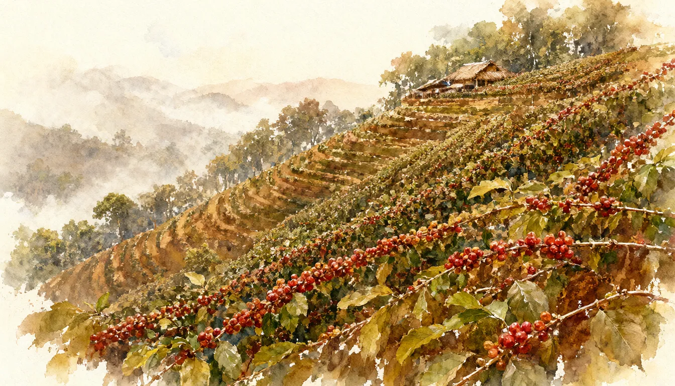 ภาพสีน้ำของแหล่งปลูกดอยช้าง เชียงราย